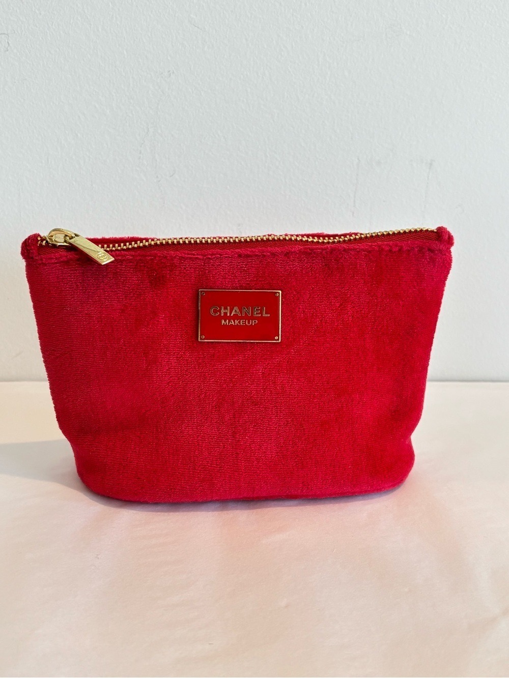 CHANEL make up bag Red Velvet Cosmetic Pouch with Gold tone Hardware travel bag